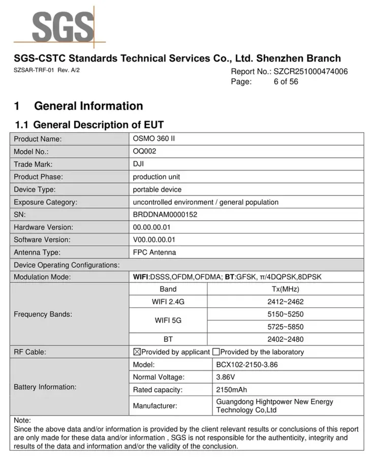 DJI Osmo 360 II filtrada en registros de certificación